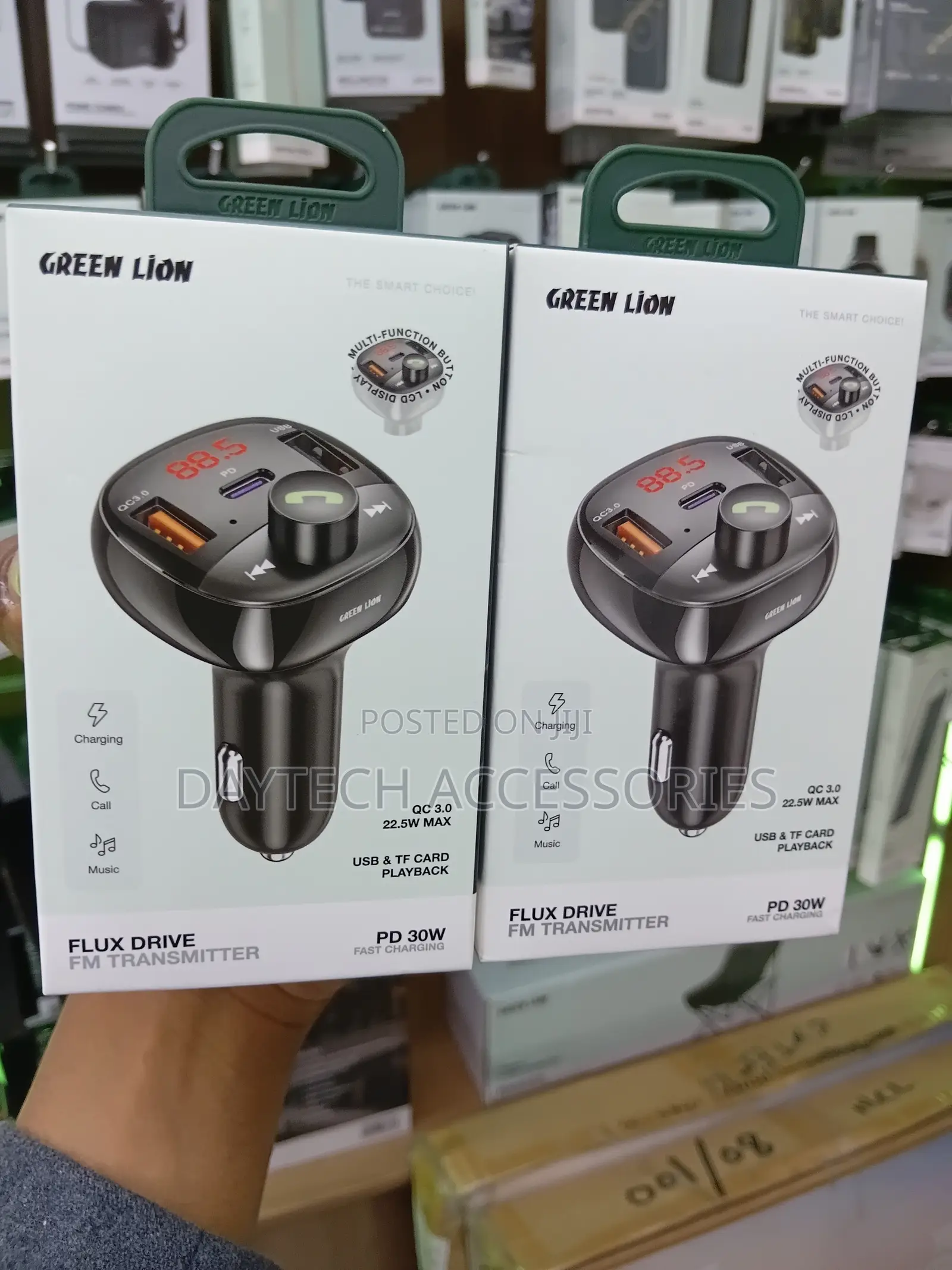 Green Lion Flux Drive Fm Transmitter for Cars Pd 30w Fast Charging.