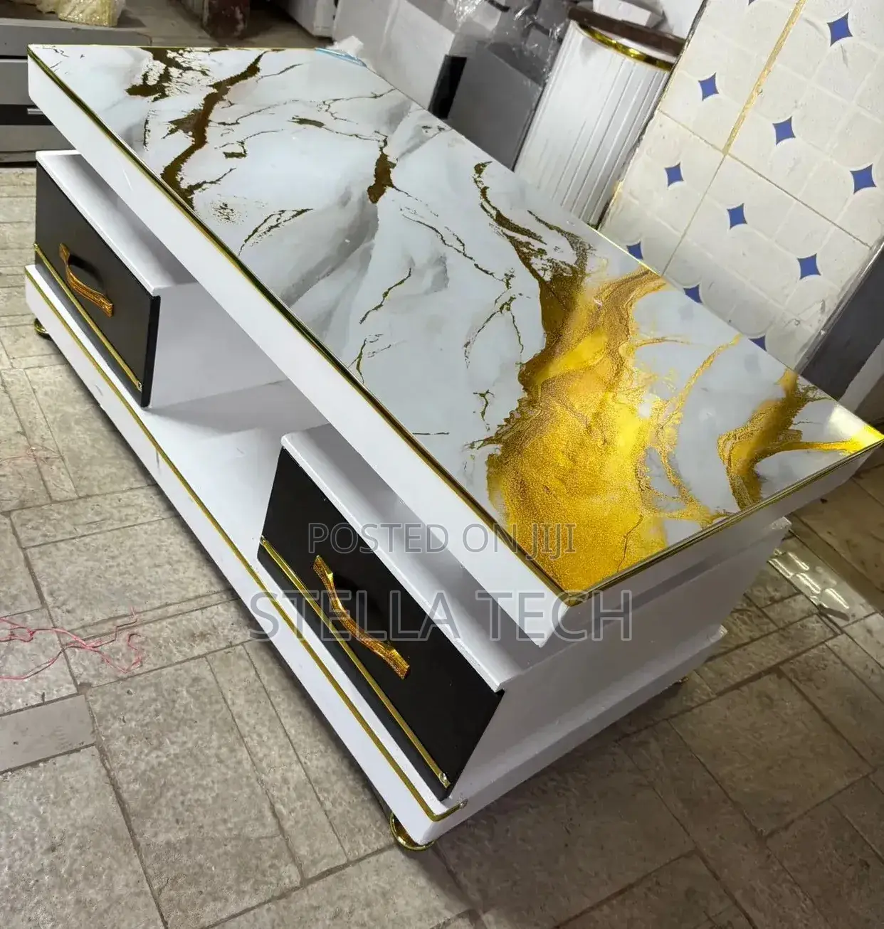 Executive White Coffee Table With Marble Topping