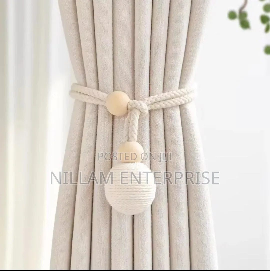 Curtain Tieback With Natural Wood Bead Knotted Ball (Pair)