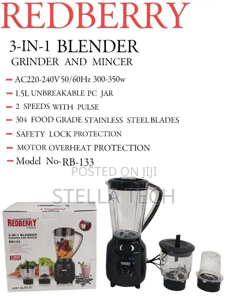 ""Redberry"" Premium Range of Blender Rb 133 [ 3 in 1)