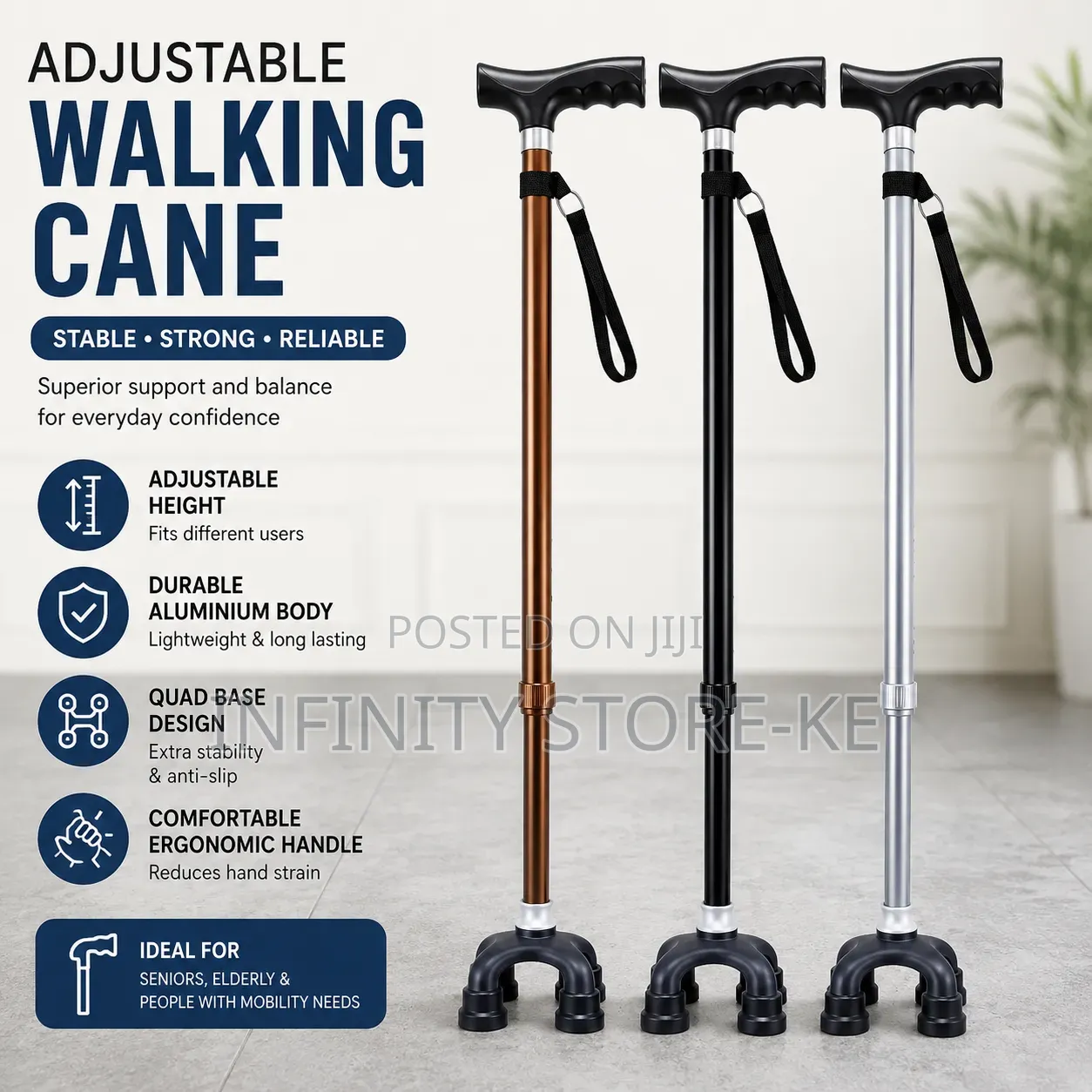 Adjustable Walking Cane With Quad Base