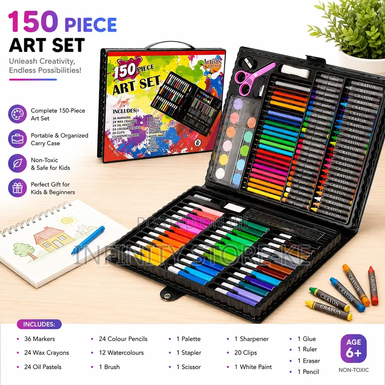 150 Piece Deluxe Art Set – Complete Drawing, Coloring Painting Kit