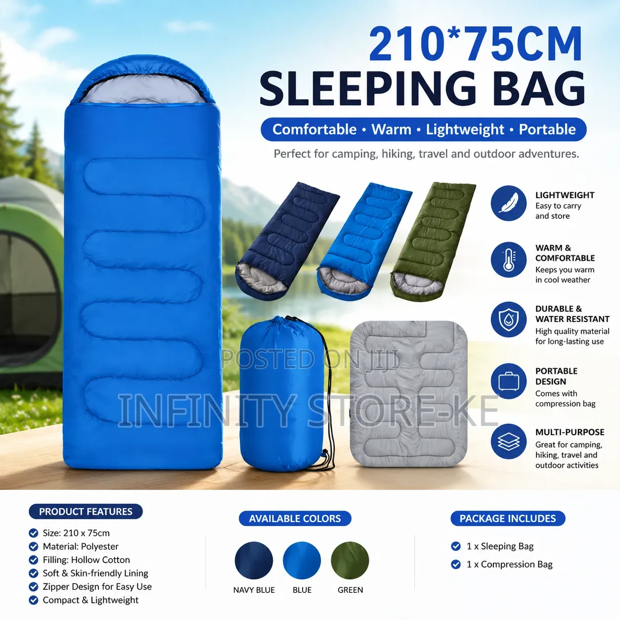 210x75cm Camping Sleeping Bag – Lightweight Hiking Travel Bag