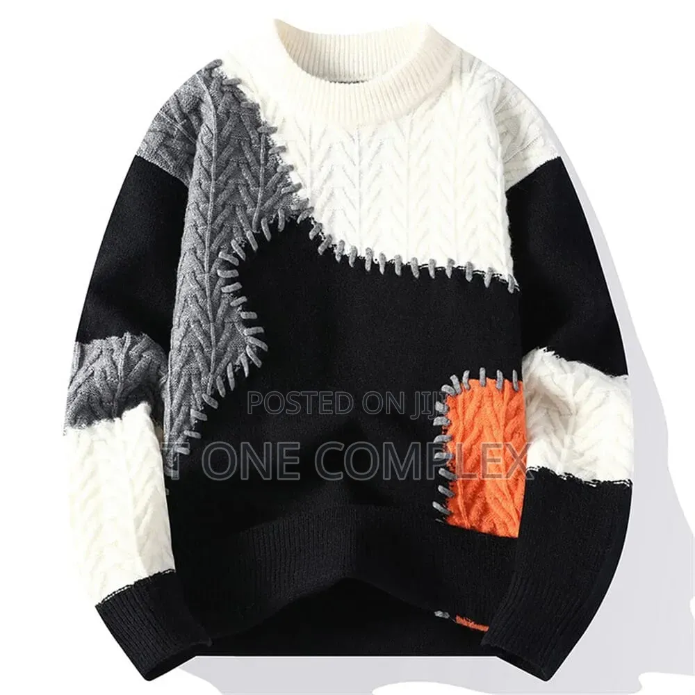 Quality Patchwork Knitted Sweater Brown Green Red Brown Black