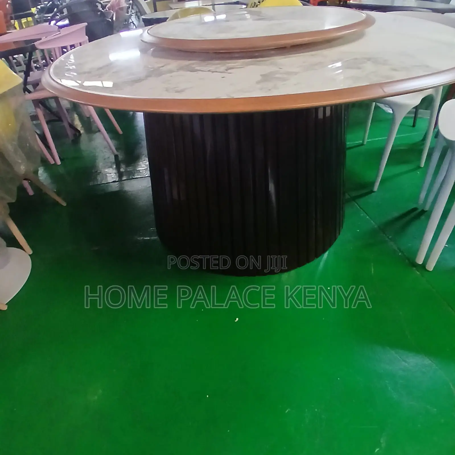 Dining Table; Profiled Edge Marble Table With Metal Pedestal