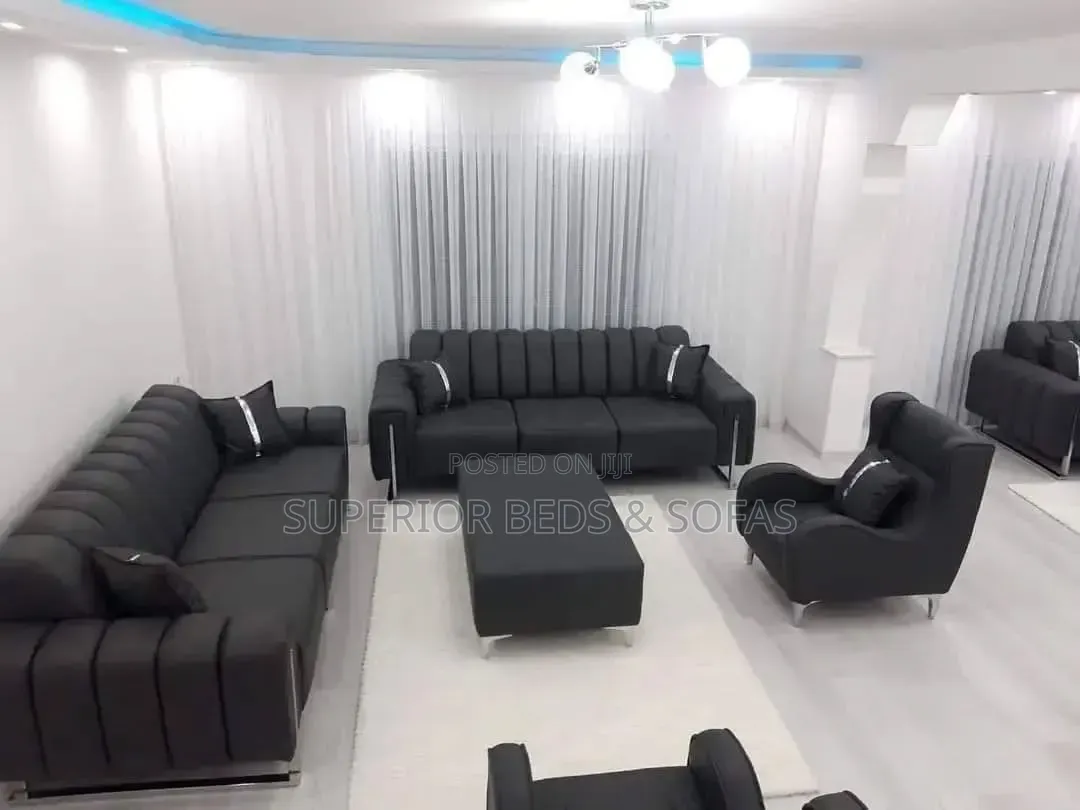 Black Fabric Tufted 7 Seater Sofa With Table: Free Delivery