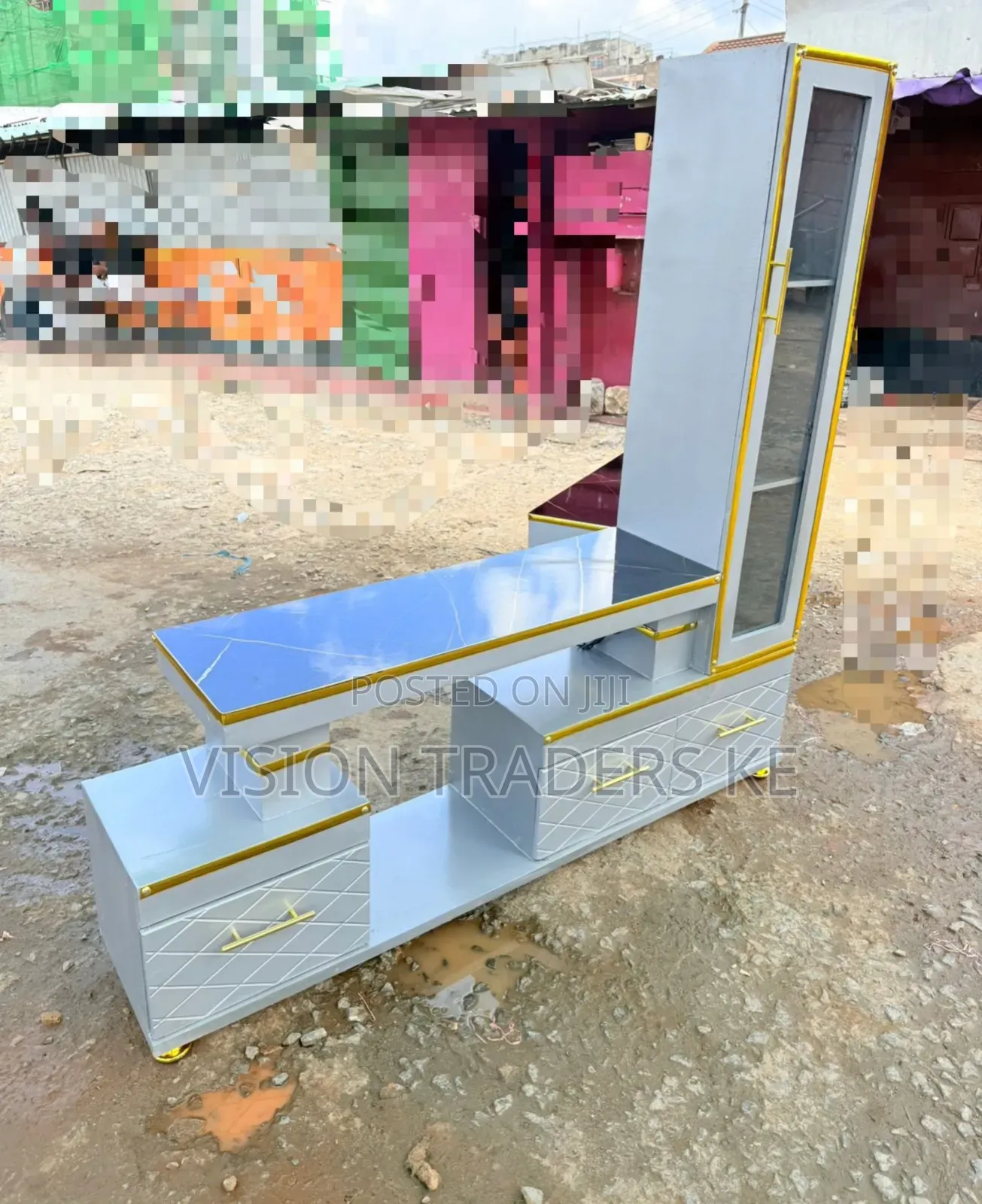 Executive Extended Tv Stand With Marble Coating and Shelf Cabinet