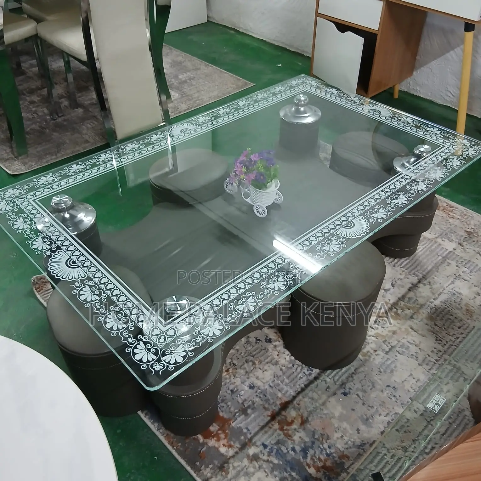 Coffee Table: Long Coffee Table With 4 Leather Stools