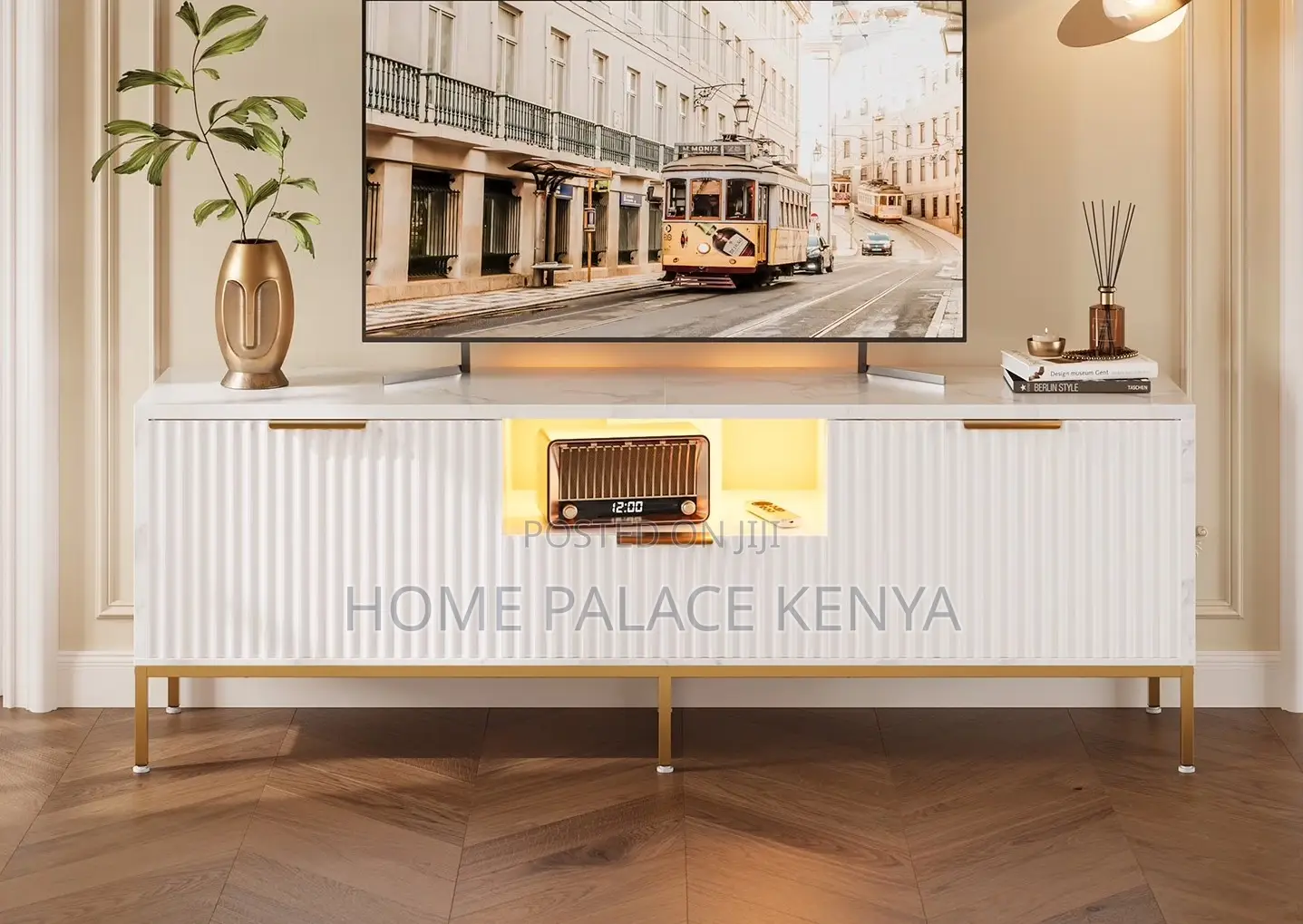 Tv Cabinet: Whited Carved Fluted Tv Stand With Gold Accents