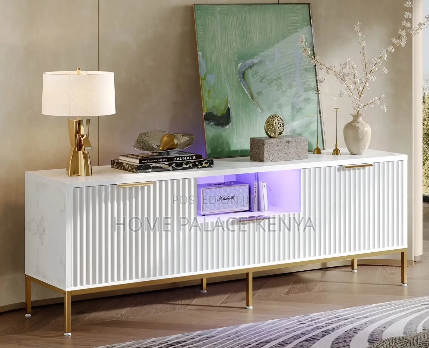 Tv Cabinet: Whited Carved Fluted Tv Stand With Gold Accents