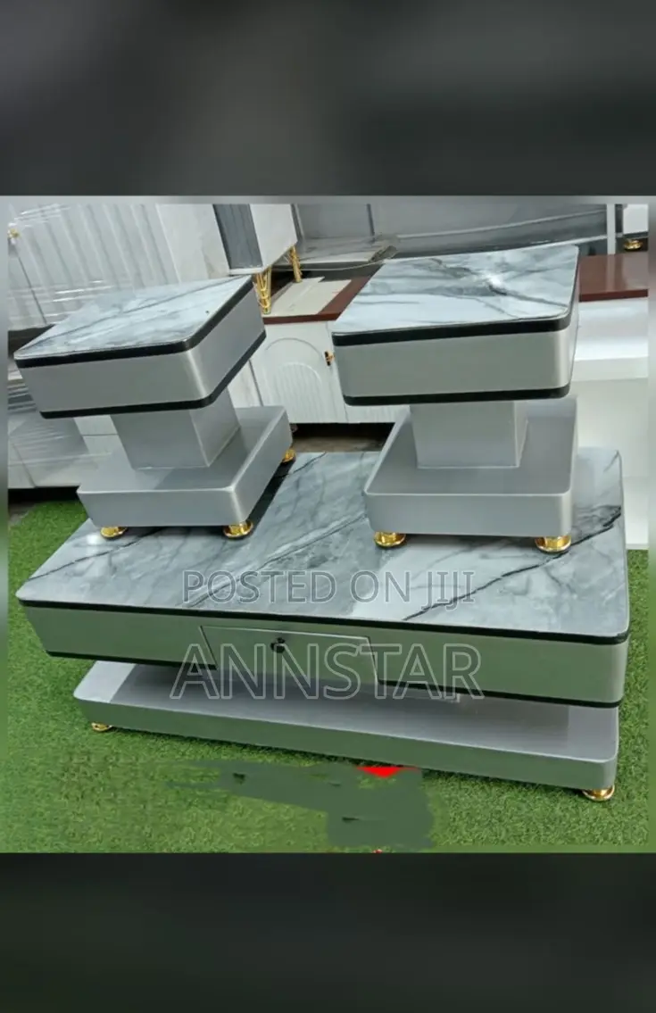 Grey Coffee Table With Glass/Marble Topping With 2 Stools