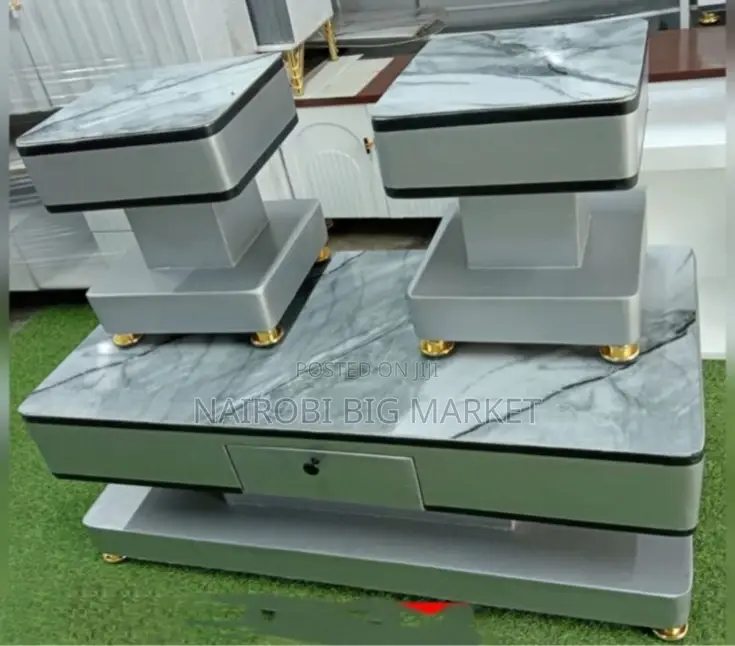 Grey Coffee Table With Glass/Marble Topping With 2 Stools