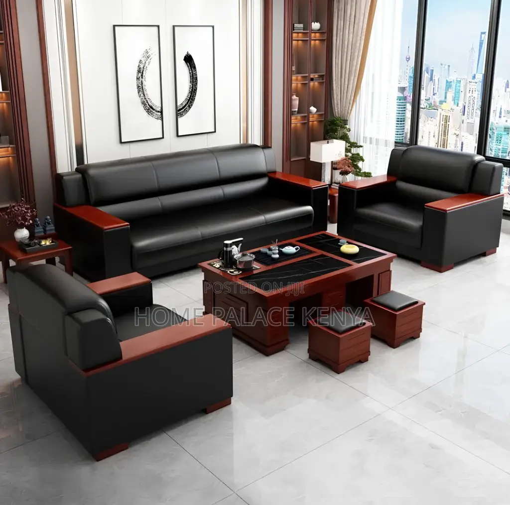 Leather Sofa: Executive Leather 5 Seater With Mahogany Armrest