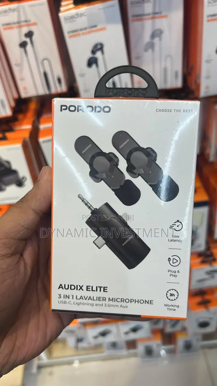 Porodo 3 in 1 Lavalier Microphone, Type-C Lightning Head 3.5mm Aux