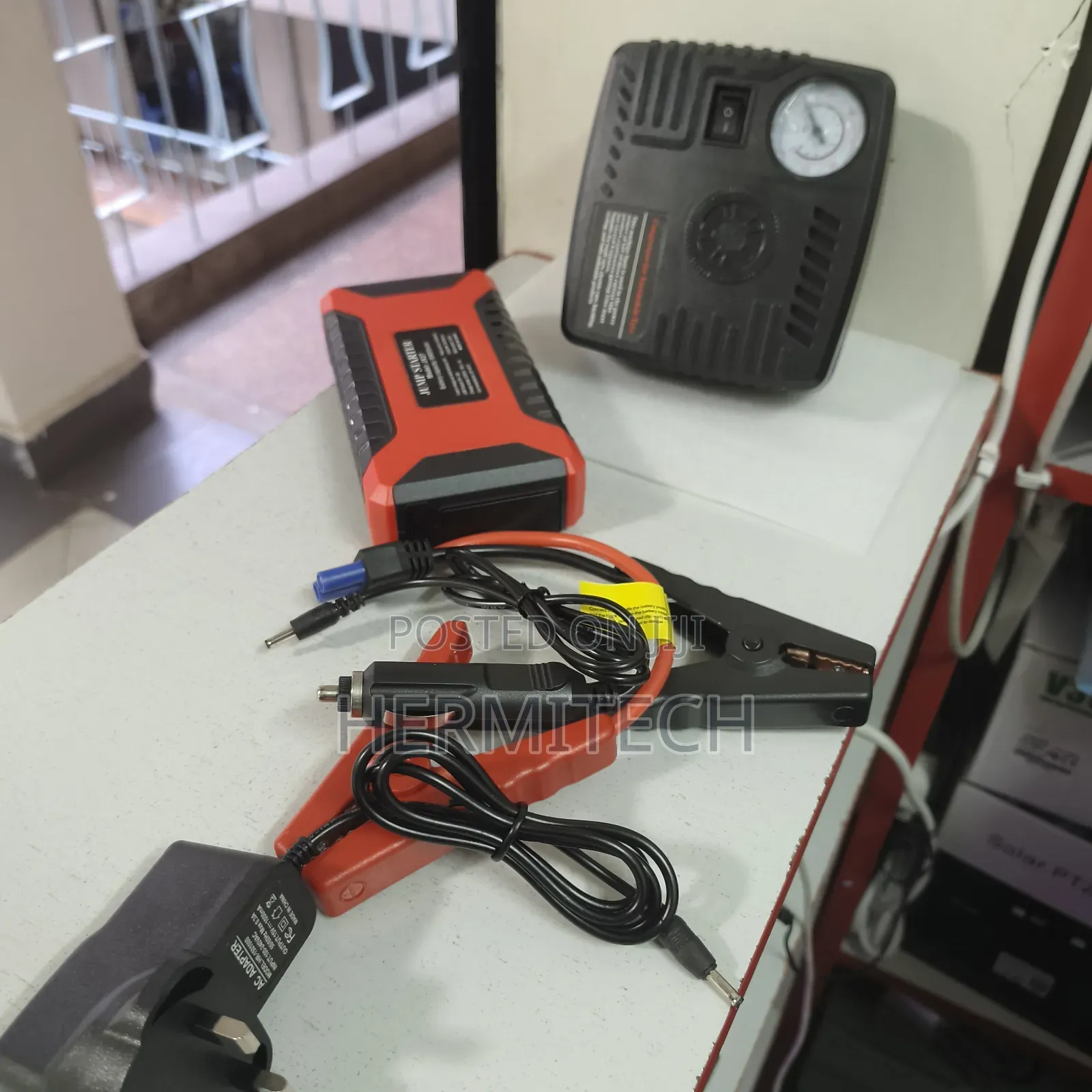 Vehicle Jump Starter Kit With Jumpers and Compressor