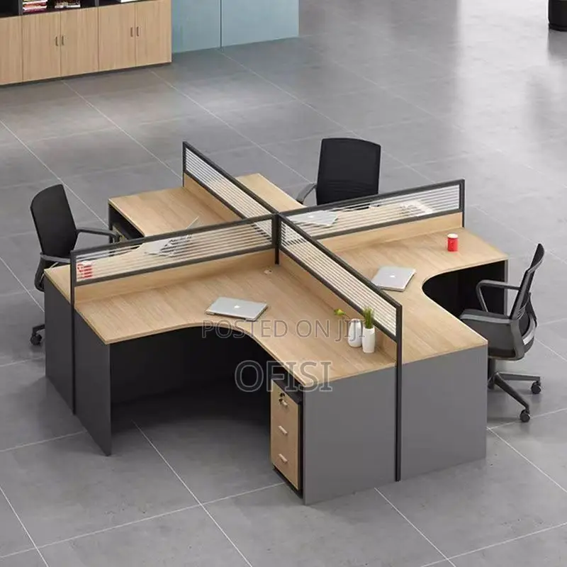 Office Workstation; Brown 4 Way Curved Office Workstation