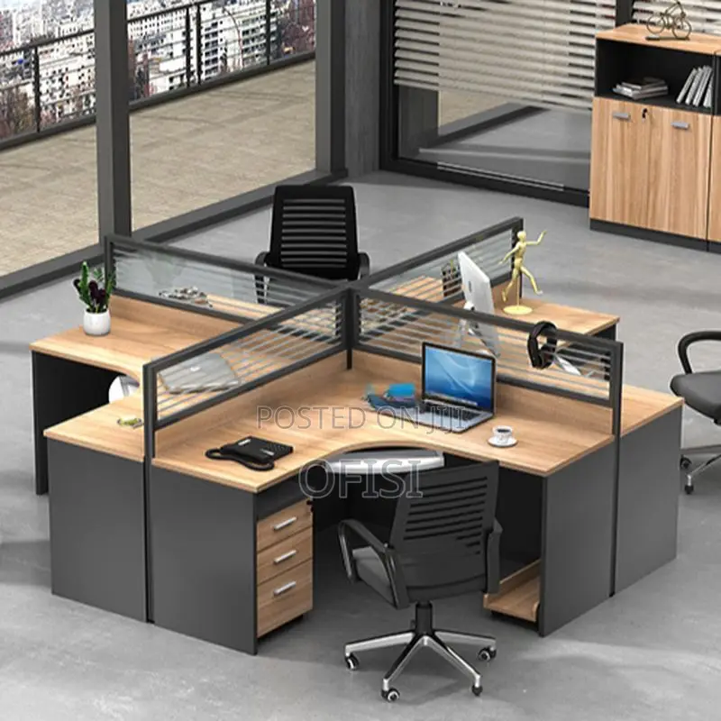 Office Workstation; Brown 4 Way Curved Office Workstation
