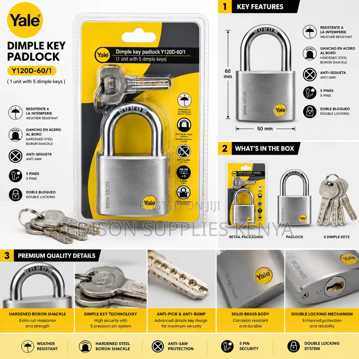 60mm Yale Dimple Key Padlock, Weather Resistant, Anti-theft Padlock