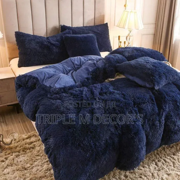 Navy Blue Brown Fluffy Duvet Set