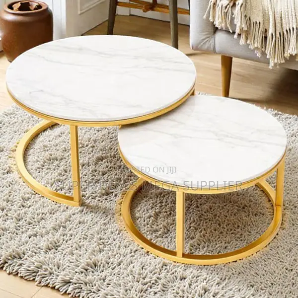 Chic White Marble Coffee Tables Set Gold Finish Contemporary Style