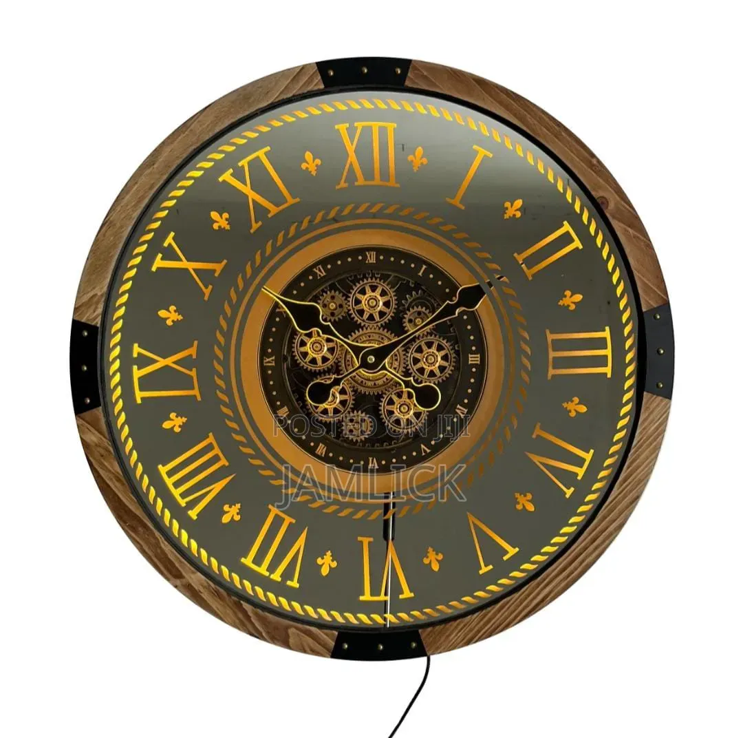 Led Rustic Wooden Wall Clock With Remote Functional Iron Gears - Gh