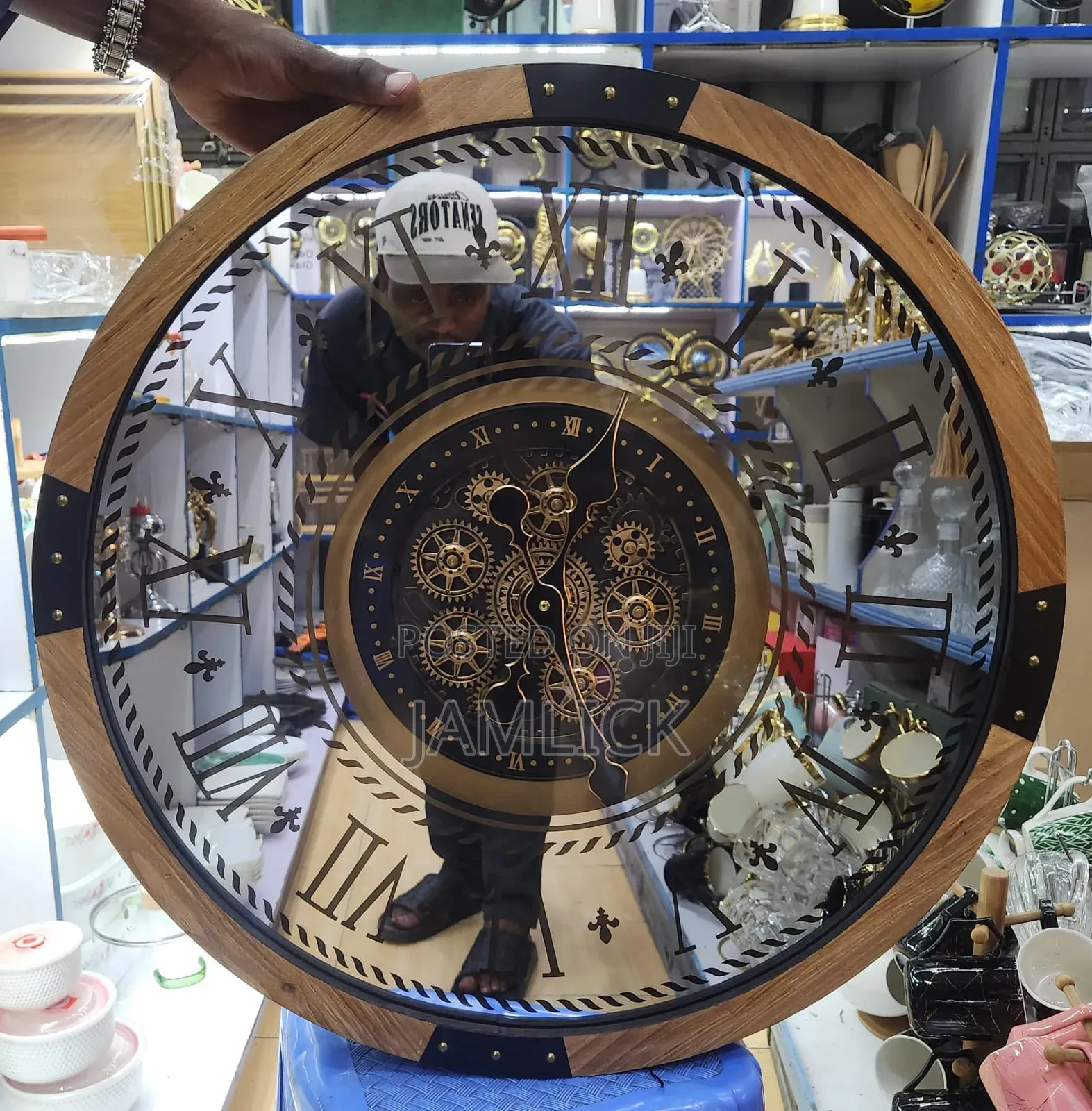Led Rustic Wooden Wall Clock With Remote Functional Iron Gears - Gh