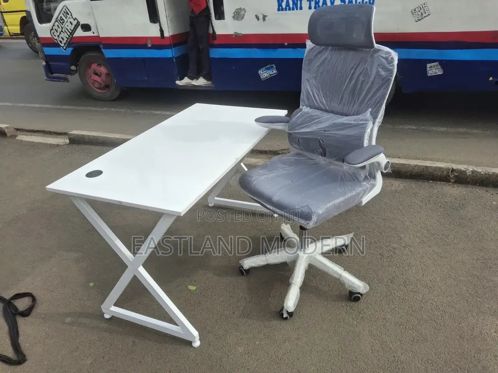 Metallic White Office Table With White Ergonomic Office Chair