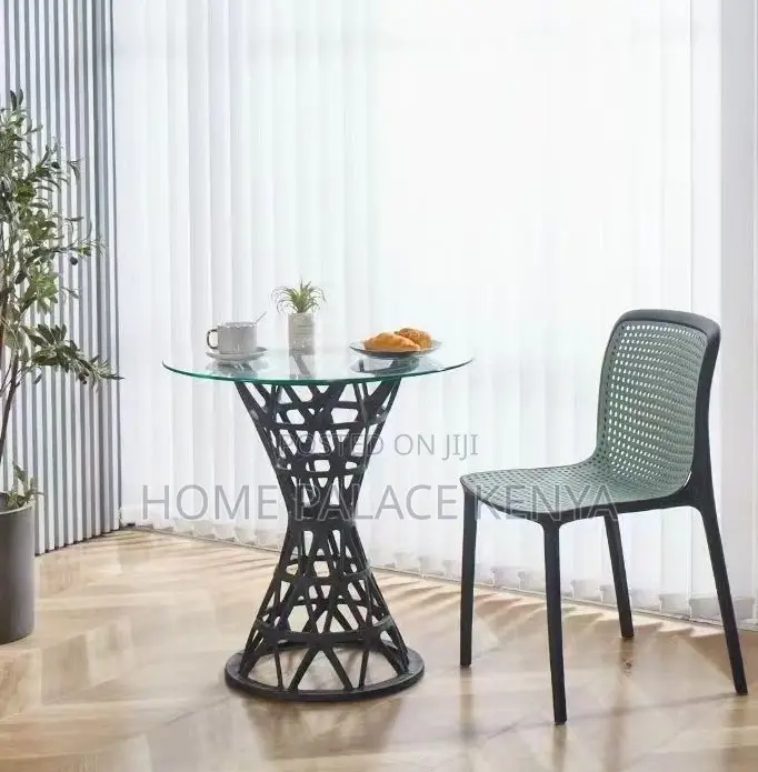 Dining Table: Black Glass Table With Geometric Pedestal Base