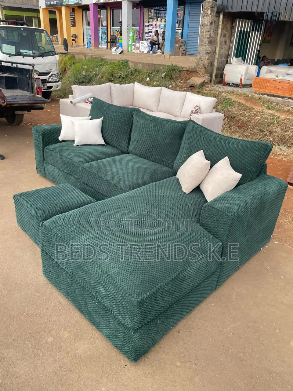 6-Seater Green L-Shaped Bubble Fabric Sofa