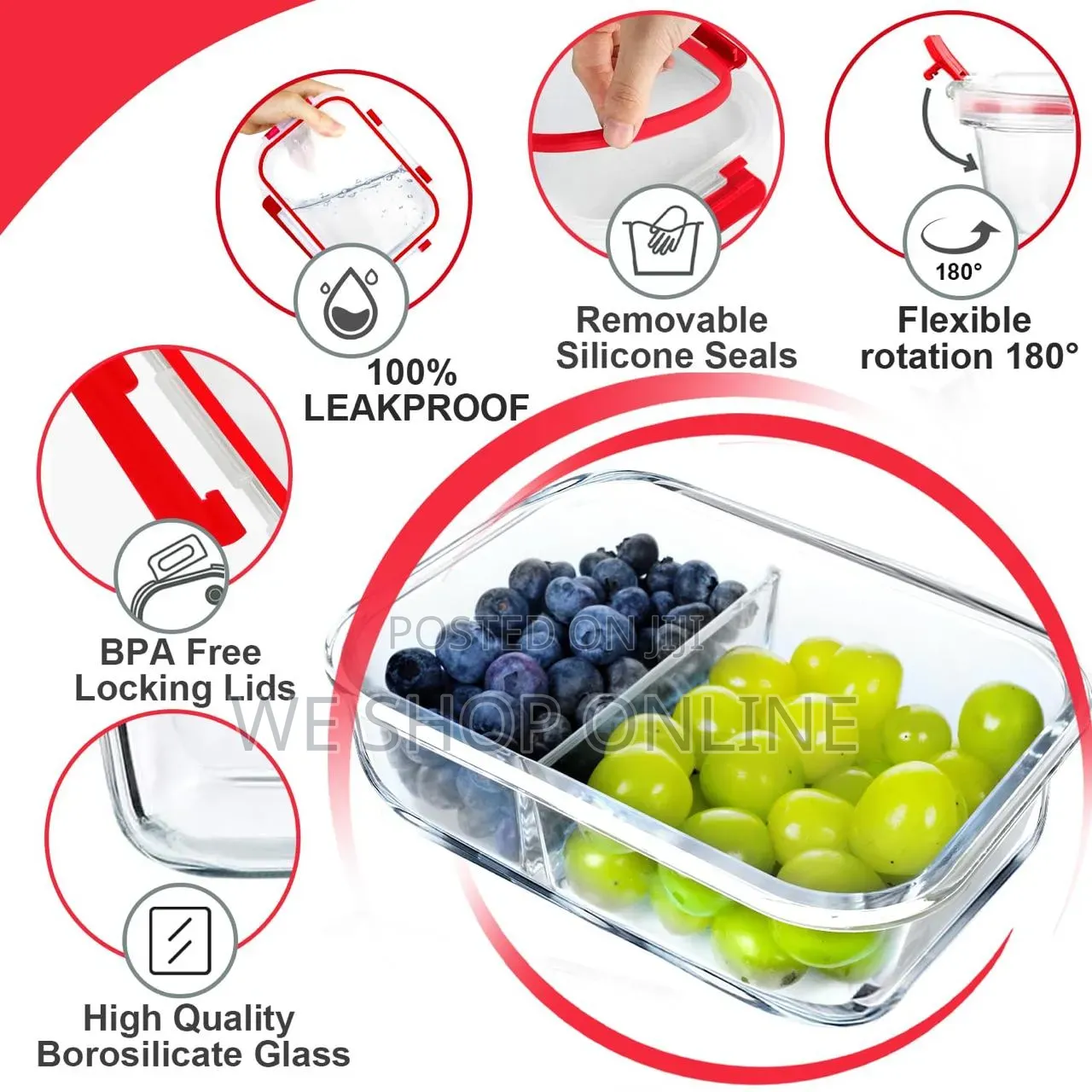 1040ml, 1pc Partitioned Borosilicate Food Storage Container With Lid