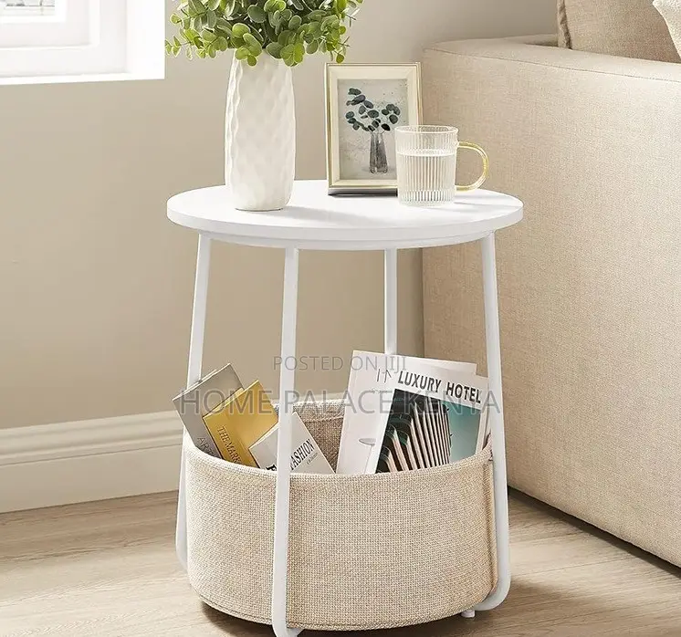 Side Table: Decorative Side Table With Polyester Beige Basket