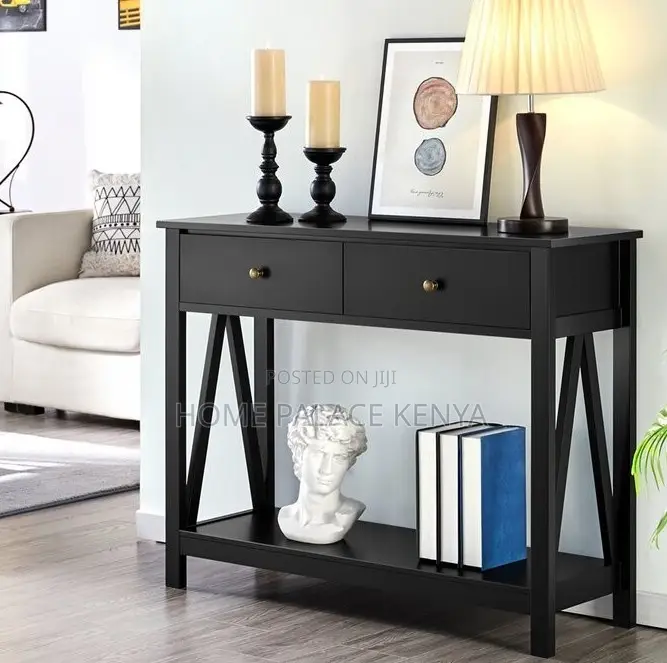 Console Table: Black Wooden Double Layer Hallway Console