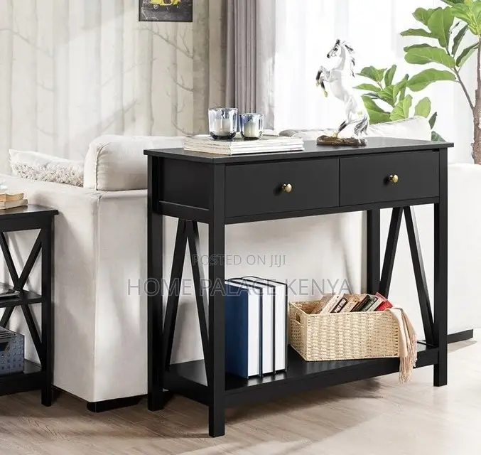 Console Table: Black Wooden Double Layer Hallway Console