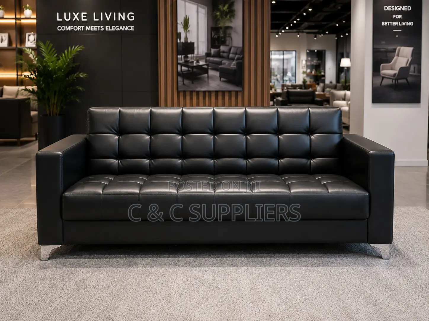 Black 5-Seater Leather Hall Way Sofa Set