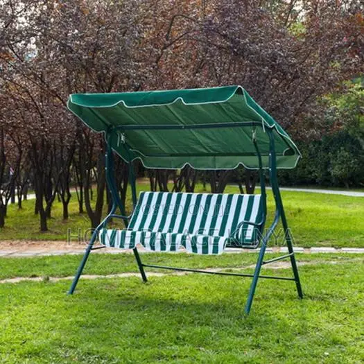 Outdoor Swing: White and Green Striped Metal Swing Chair