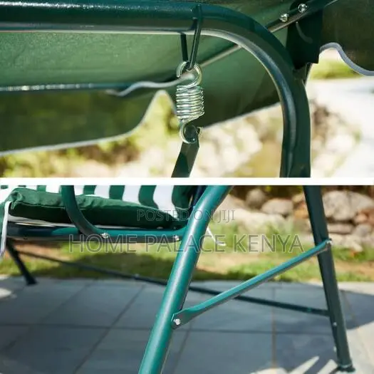 Outdoor Swing: White and Green Striped Metal Swing Chair