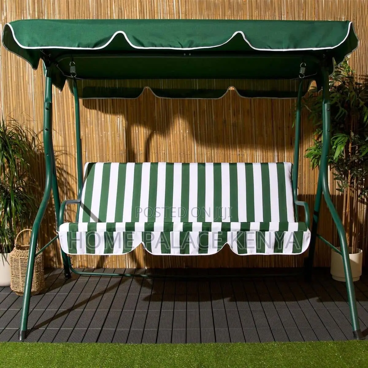 Outdoor Swing: White and Green Striped Metal Swing Chair