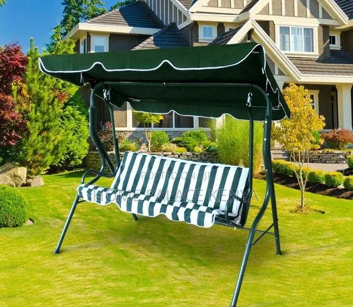 Outdoor Swing: White and Green Striped Metal Swing Chair