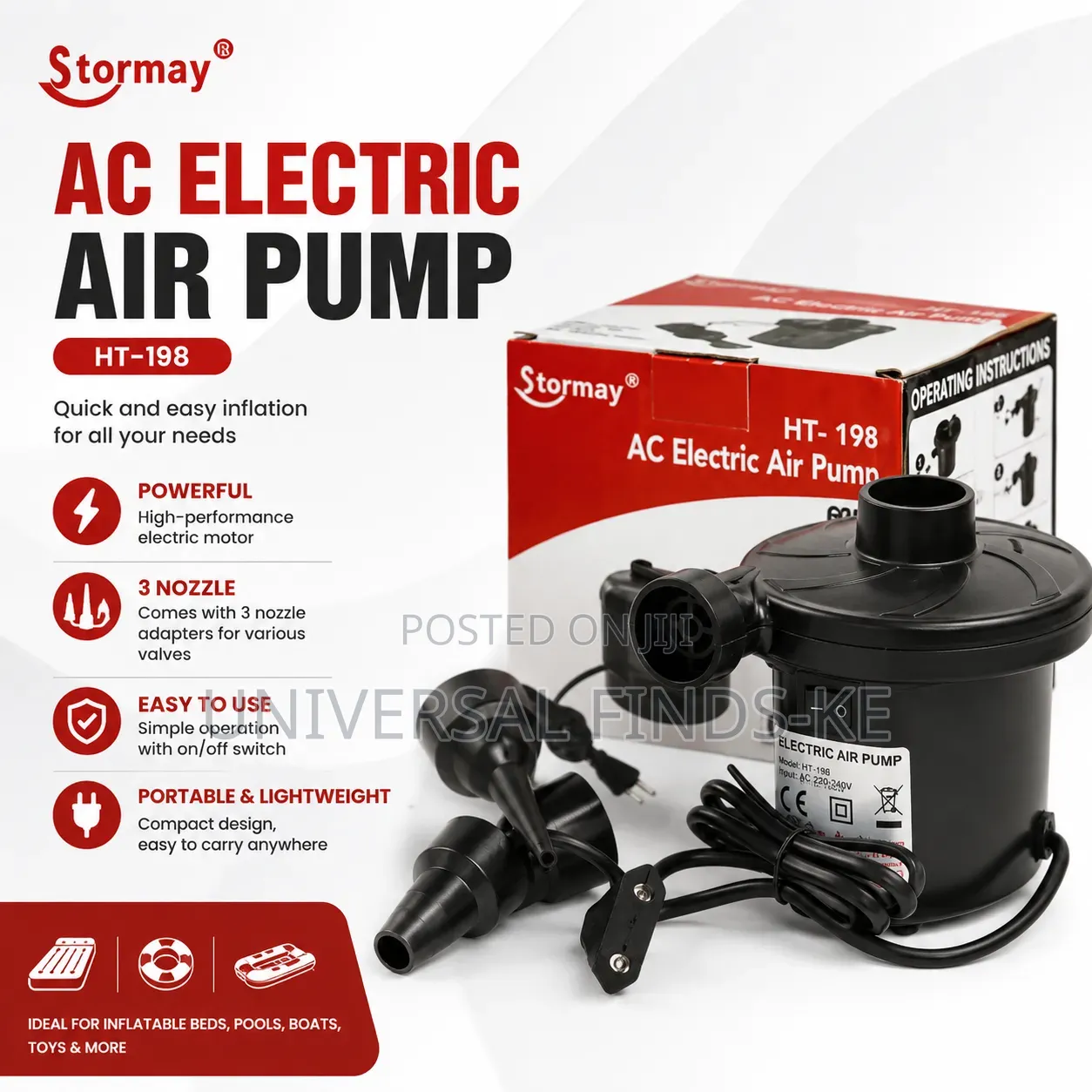 Ac Electric Air Pump – High Power Inflator Deflator With 3 Nozzles