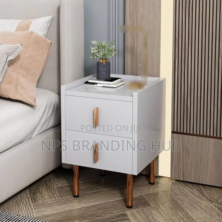 Modern Bedside Nightstand With 2 Drawers and Metallic Legs (Be