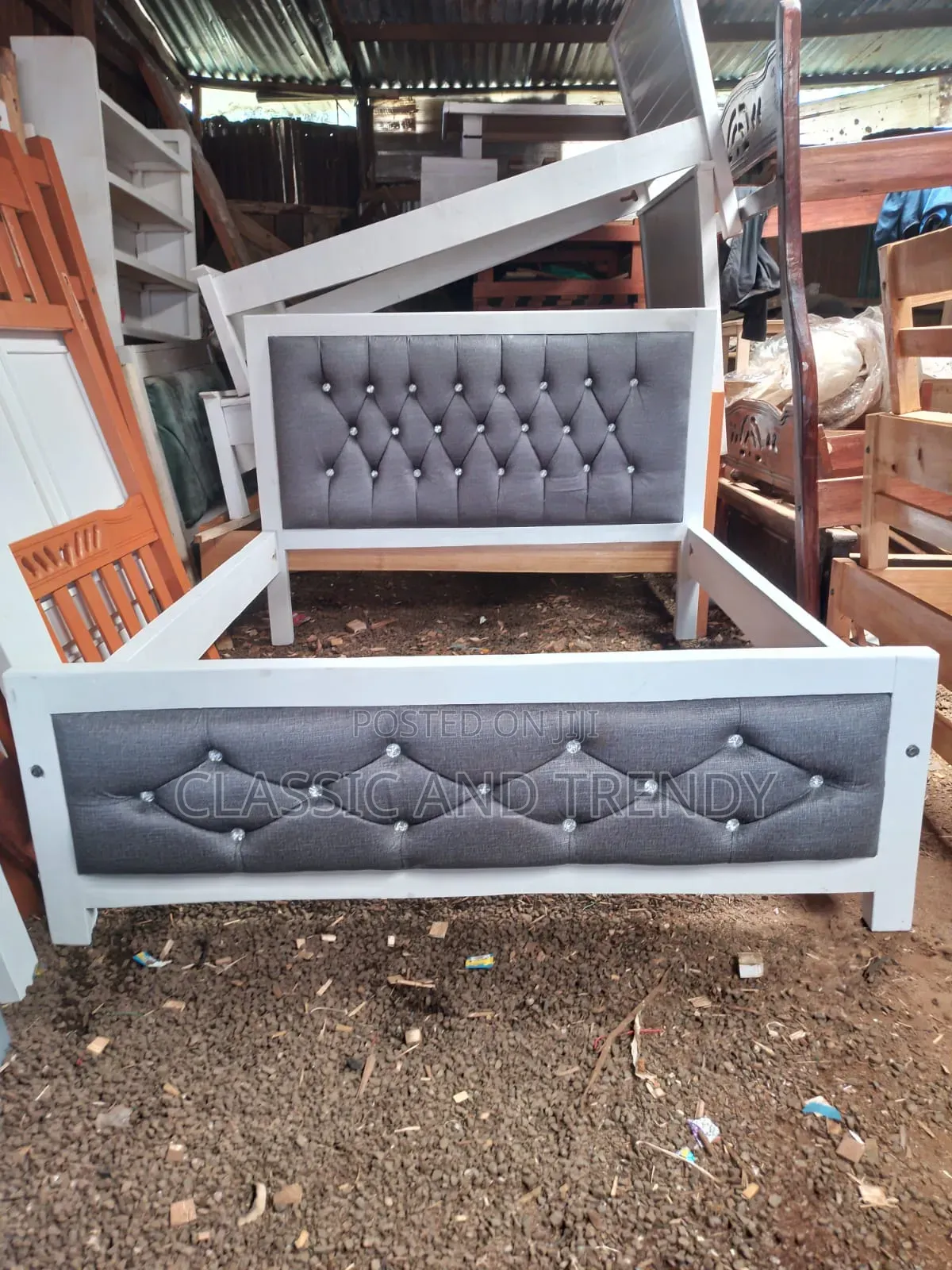 5x6 White Frame With Grey Upholstered Headboard and Footboard