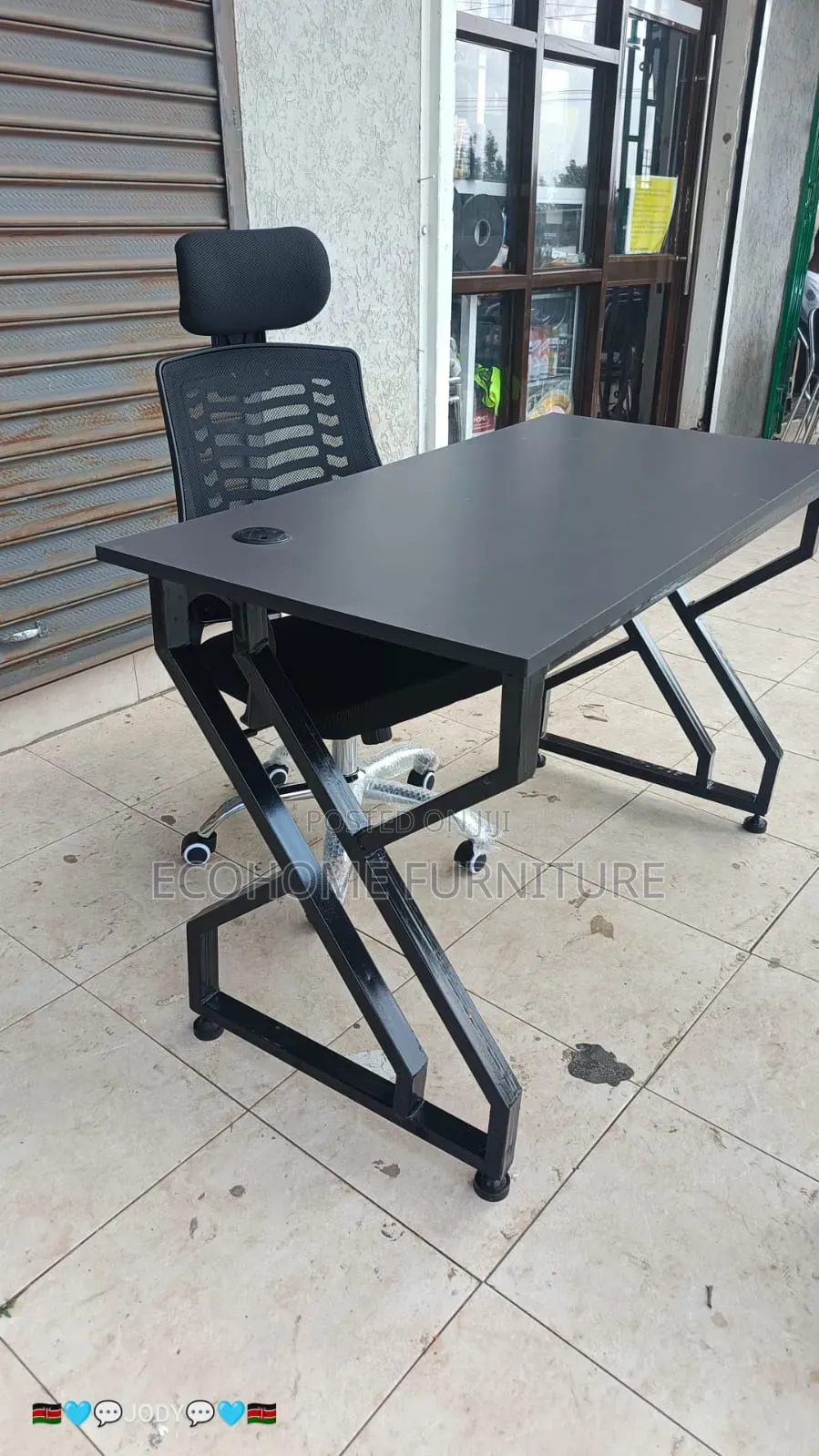 Metallic Study Desk and Headrest Office Chair All Black