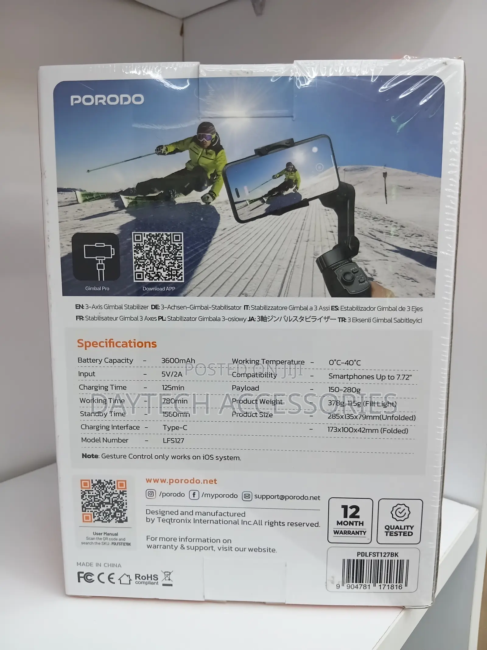 Porodo 3 Axis Gimble Stabilizer With Magnetic Fill Light - Black