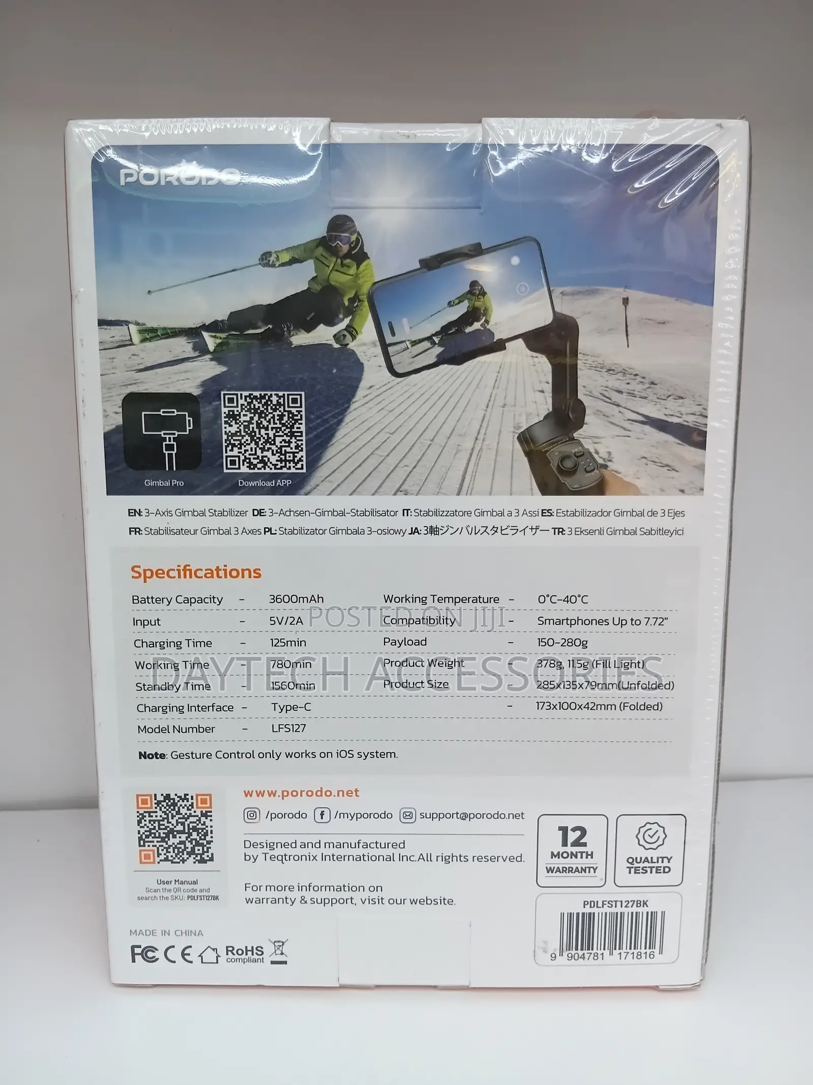 Porodo 3 Axis Gimble Stabilizer With Magnetic Fill Light - Black