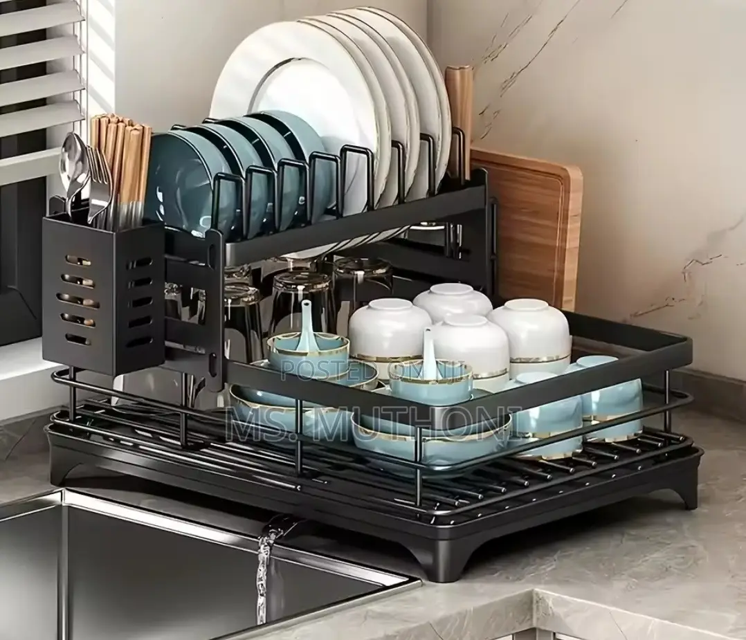 Carbon Steel 2 Tier Dish Rack With Cutlery Holder Chop Board Holder