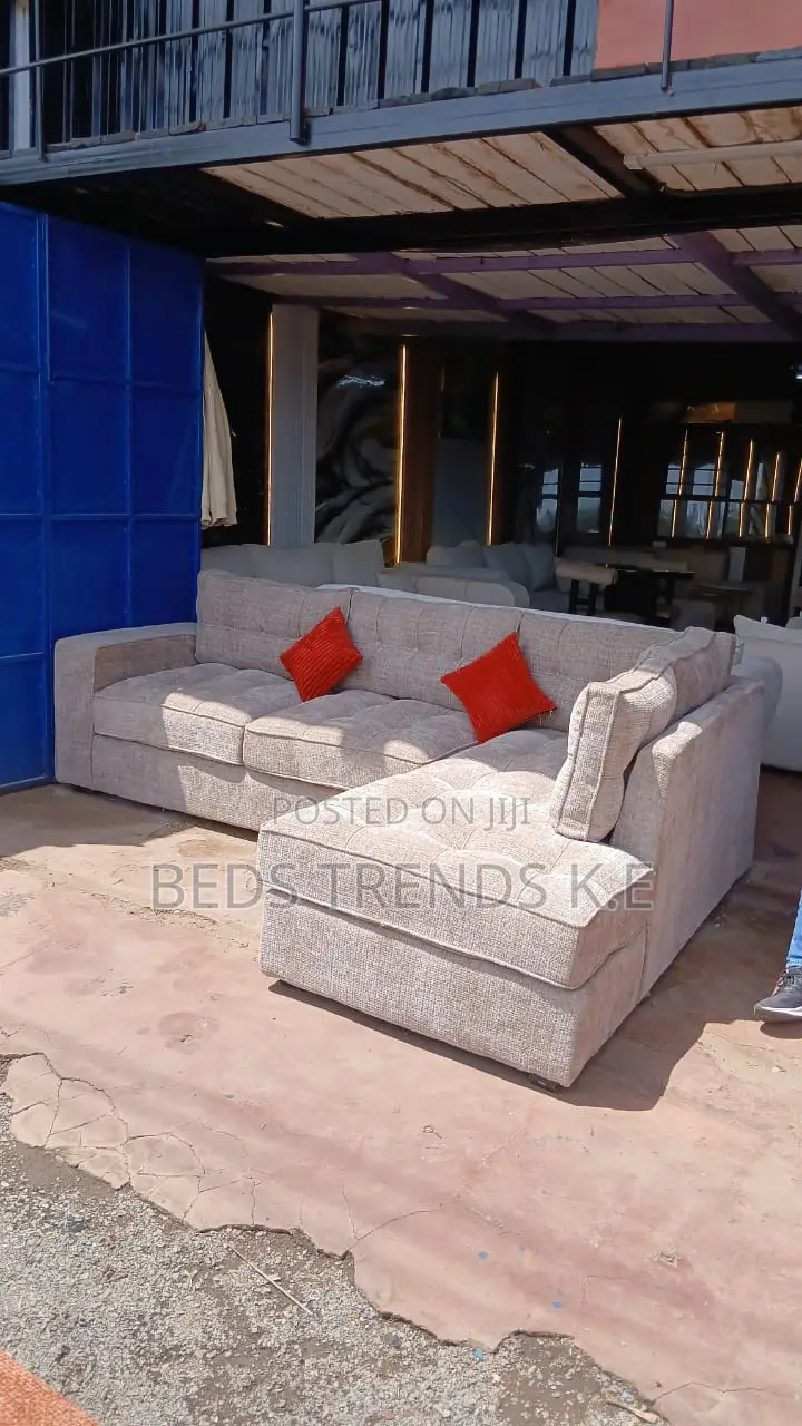 6 Seater Beige Tufted L Sofa With Cushions
