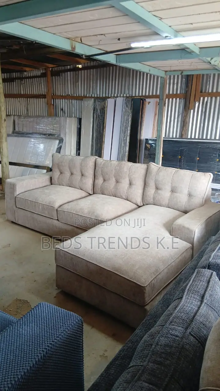 6 Seater Beige L Sofa With Tufted Back High Density Cushion