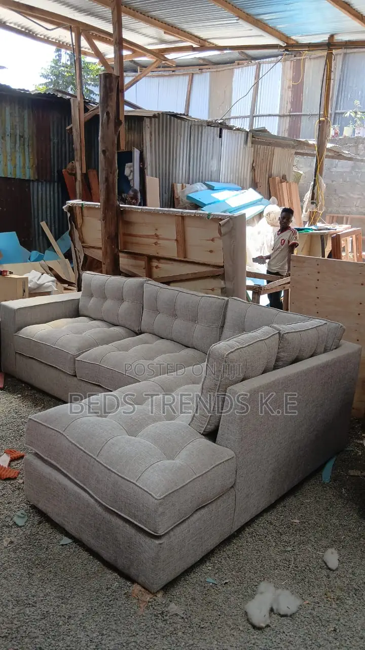 6 Seater Brown Tufted L Sofa With Cushions