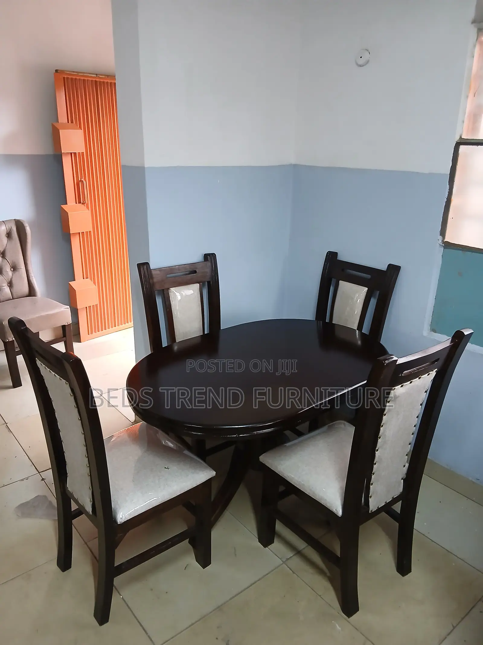 4 Seater Dining Set – Oval Wooden Table Beige Upholstered Chairs