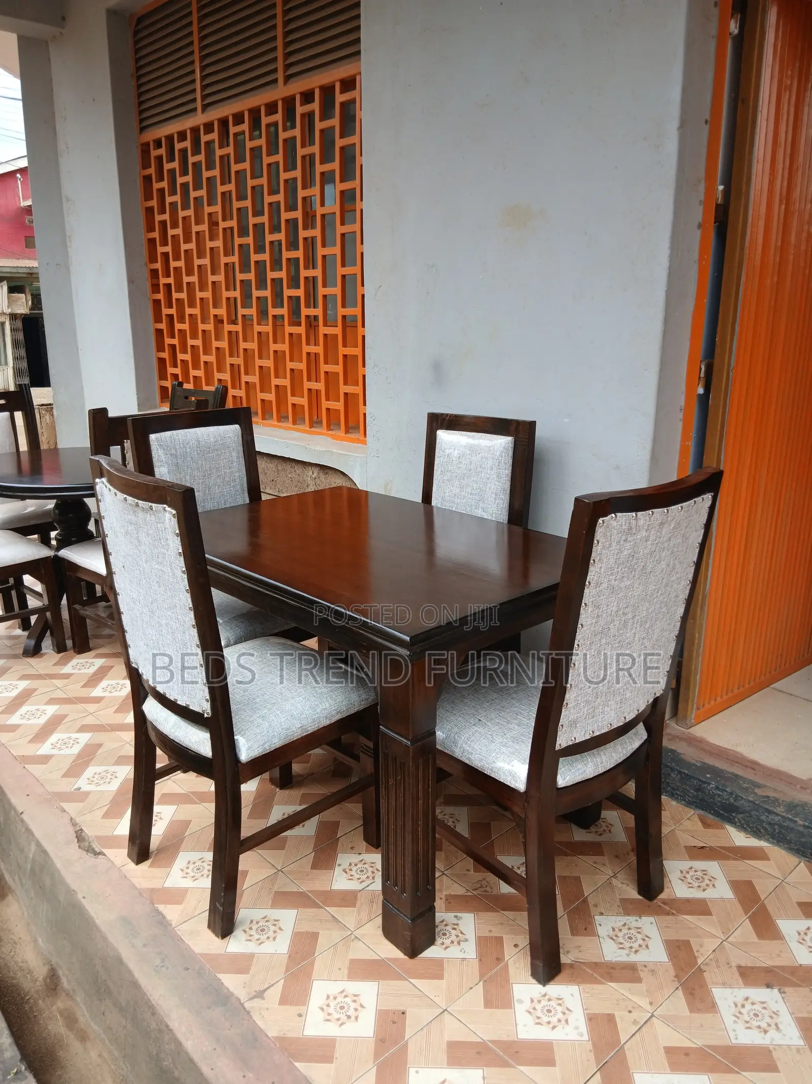 4 Seater Dining Set – Dark Wooden Table Gray Upholstered Chairs